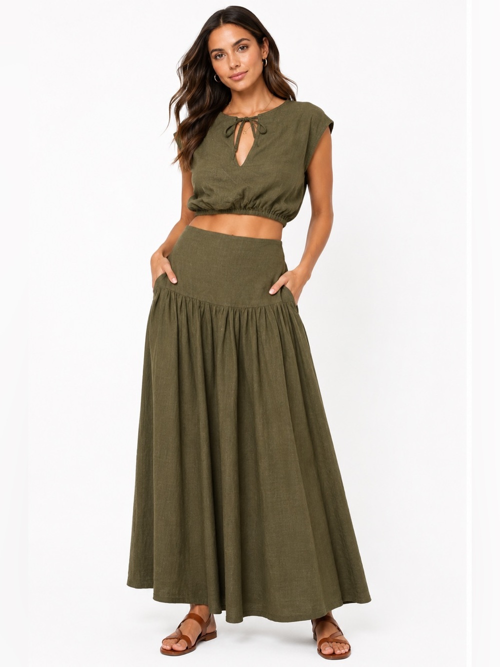 COMMENSE NWT Olive Linen Blend Crop Top Maxi Skirt 2 Piece Set Medium